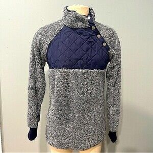 Grey & Navy Blue Color Block Stand Collar Snaps Long Sleeve Fuzzy Pullover Med
